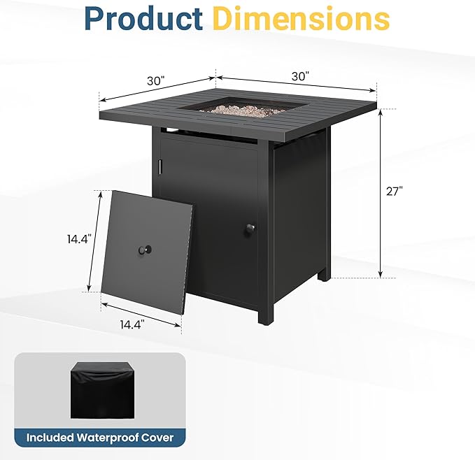 Royalcraft 2 in 1 Propane Fire Pit Table, 50000 BTU Gas Fire Pits Table with Removable Lid, Lava Rock and Cover, Square Fire Table for Dining or Party on Garden, Patio, Yard, 30", Black