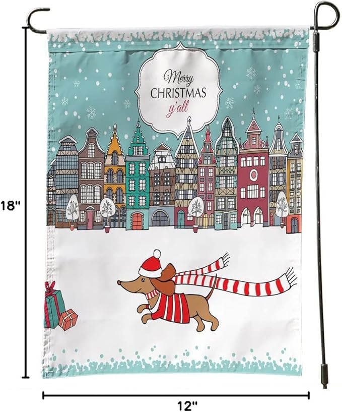 Merry Christmas Dachshund Garden Flag Christmas Card European Houses Dog Outdoor Garden Flag 12X18 Inches Double Sided Seasonal Garden Flags Kids Christmas Flag