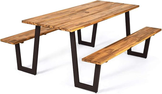 Giantex Picnic Table Bench Set with Umbrella Hole, Outdoor Dining Table Set, 70'' Acacia Wood Picnic Beer Table with Metal Frame Patented
