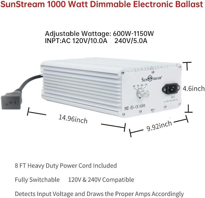 SunStream 1000 Watt HPS Light Dimmable Electronic Grow Light Ballast for Indoor Plant (White)