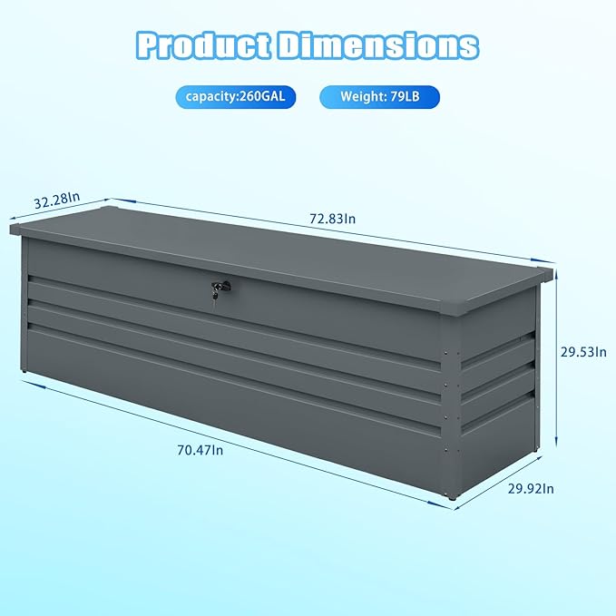 260 Gallon Waterproof Outdoor Storage Box, Extra Large Outside Metal Deck Storage Box for Patio Cushions, Garden Tools, Pool Supplies