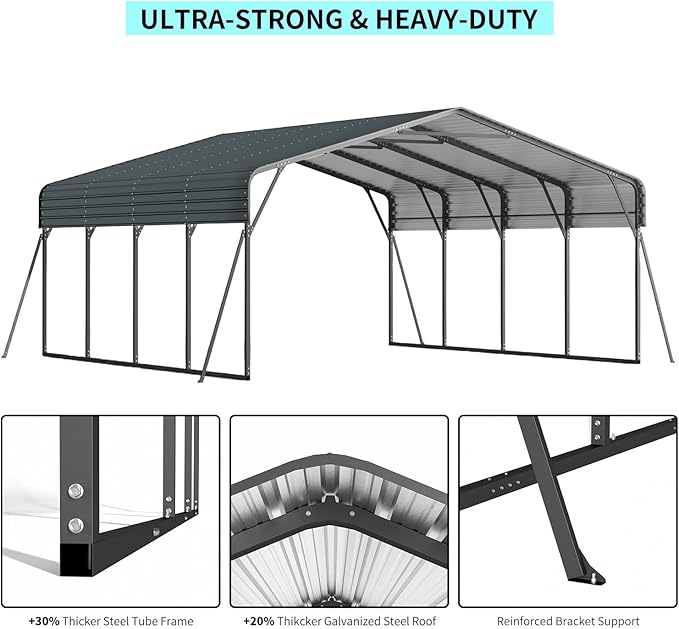 20x20 FT Metal Carport, Heavy Duty Car Port Canopy with Galvanized Steel Roof & Frame, Oversized Metal Carport Kit, Outdoor 2 Car Garage, Steel Car Shelter for Car, Boat, Truck, Dark Gray