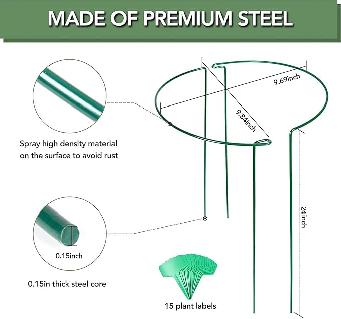 Joyhalo 12 Pack Plant Support Stakes for Indoor Plants 24 Inch, Peony Cages and Supports, Peony Cage with 15 Pcs Twist Ties, Monstera Plant Support for Plants Tomato, Hydrangea, Monstera