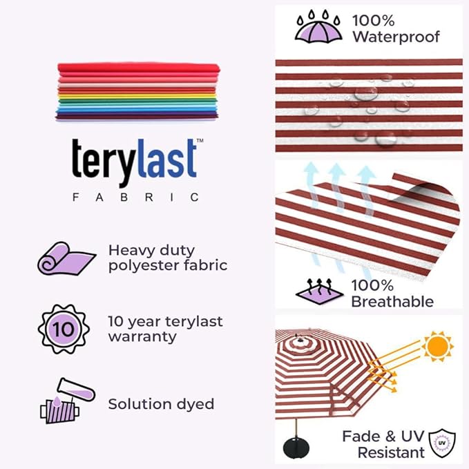 Midtown Umbrellas The Swilt 10 Feet Patio Umbrella in Terylast Red Stripes (Red/White) Polyester Fabric - Fiberglass Ribs, Auto-Tilt Aluminum Frame For Backyard, Deck, Garden, Pool - White Pole