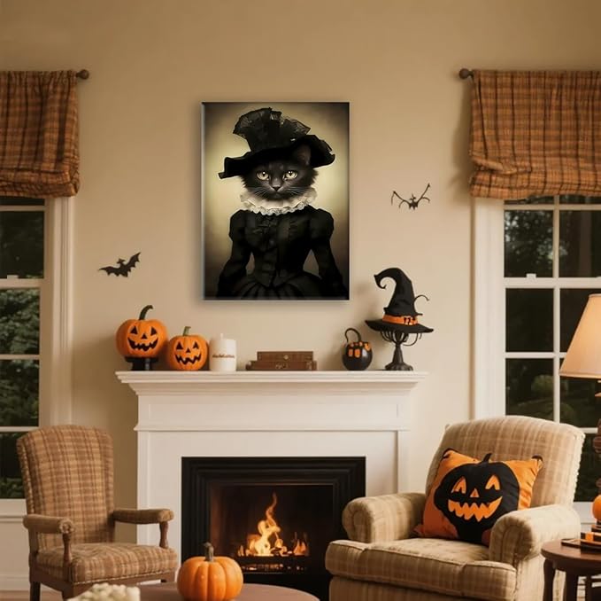 Jatinoo Gothic Black Lady Cat Wall Art - Dark Academia Framed Canvas Print for Witchy Home, Goth Bathroom & Office Decor, Vintage Halloween Cat Lover Gift (11.5x15 Inch)