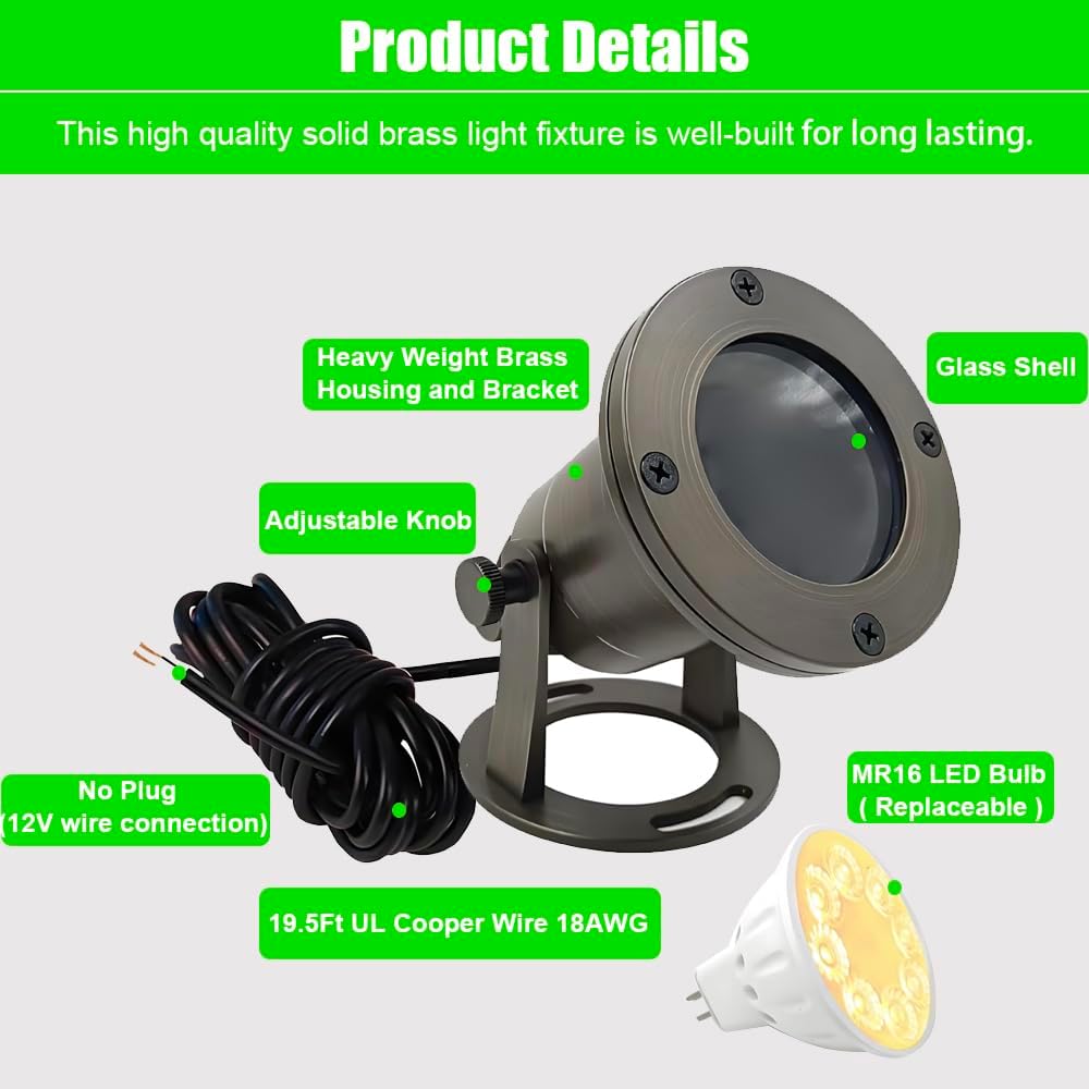 Brass Pond Light LED Underwater, Water Fountain Light Waterproof, Submersible Lights with 5W MR16 LED Bulb 2700K, 12V Low Voltage Landscape Lighting for Outdoor Garden Pond, Pool, Waterfall