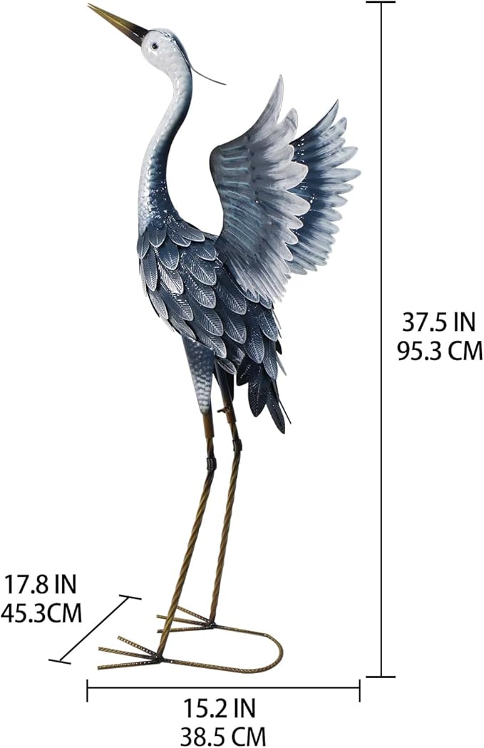 37 Inch Blue Heron Metal Yard Art, Garden Sculpture Spreading Wings for Patio, Lawn, and Backyard