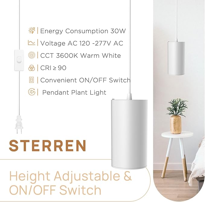 STERREN LED Grow Light, White Plug in Hanging Lights for Indoor Plants, Full Spectrum Grow Lights with On/Off Switch, Decorative Pendant Lights with 21 Ft Height Adjustable Power Cord