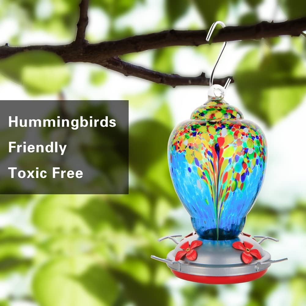 WOSIBO Hummingbird Feeder for Outdoors Patio Large 32 Ounces Colorful Hand Blown Glass Hummingbird Feeder with Ant Moat Hanging Hook, Rope, Brush and Service Card (Blue-White)