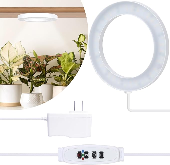 Full Spectrum Grow Light for Indoor Plants, 72 LEDs Halo Plant Light with Auto On/Off Timer (4/8/12H), 10-Level Brightness, 3 Lighting Modes, for Small Plants & Seedlings (White, One Head)