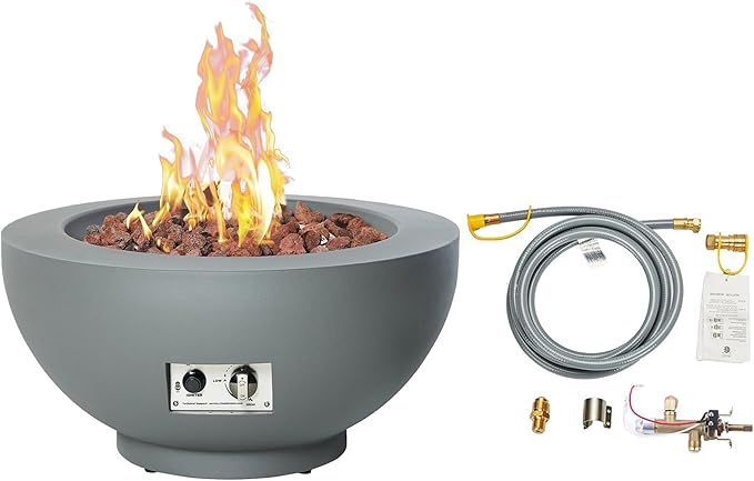 28-Inch Propane Fire Pit with Natural Gas Conversion Kit, 50,000 BTU Round Gas Fire Pit Table, Outdoor Fire Bowl Firepit with Lid, Lava Rocks, Cover, Pre-Attached 10FT Propane Hose, Gray