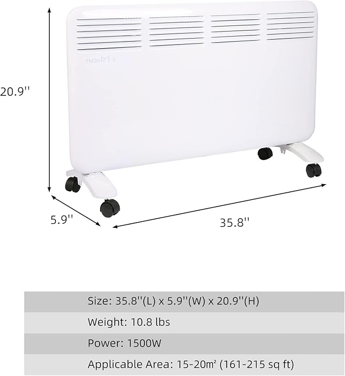 Convection Space Heaters for Indoor Use, 1500W, Quiet Heating, Auto Thermostat, 24H Timer, 3 Modes, Wall Mounted/Freestanding, Electric Panel Heater for Bedroom, Bathroom, Office
