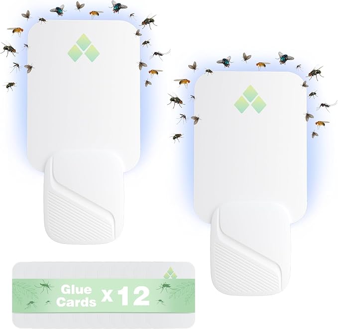 Fly Trap Indoor, Fruit Fly Traps for Indoors, Two Modes Protect 400 Sq Ft for Home, 2 Devices 12 Glue Cards, Fly Catcher Trap for Fruit Flies, Gnats, Mosquito, Flies, Moths, and Other Flying Insects
