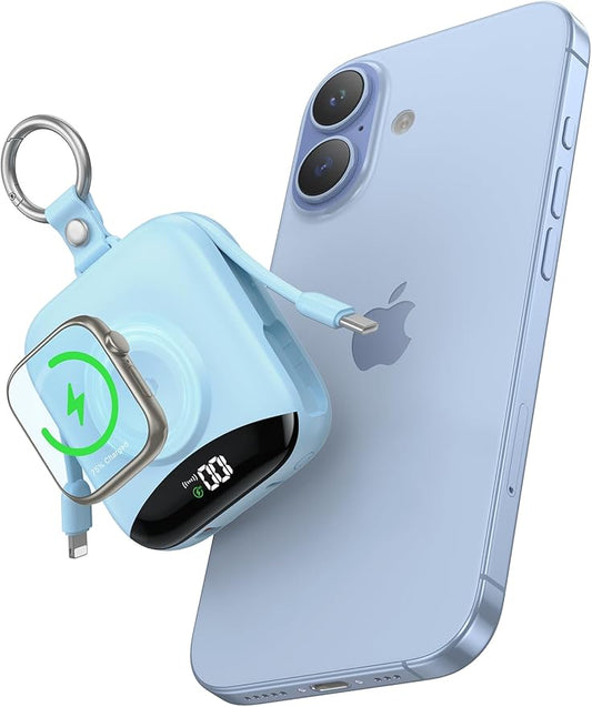 Portable Charger Power Bank, 10000mAh 22.5W Fast Charging Phone Charger with Built-in Cables, Travel Essential Battery Pack with LED Display, Keychain Battery Bank for iPhone, iWatch 10/9/8/7/6/5 Blue