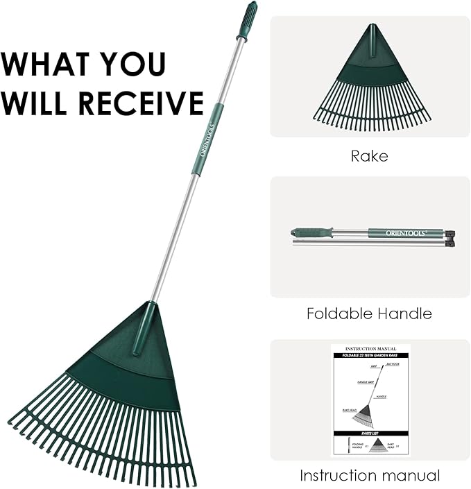 ORIENTOOLS Garden Leaf Rake, Garden Rakes for Lawns Leaves with 65.7" Foldable Handle Rake, 26 Strong Tines Plastic Head Shrub Rake, Yard Garden Rake for Lawns, Grass, Flower Beds Leaves Cleaning