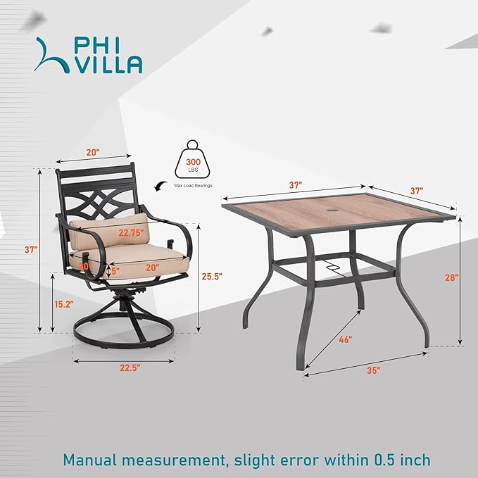 PHI VILLA Patio Dining Set for 4, 5 PCS Outdoor Dining Sets - 1 Square 37"x37" Dining Table (1.57in Umbrella Hole) & 4 Swivel Dining Chairs,Metal Patio Furniture for Outdoor Kitchen Lawn and Garden