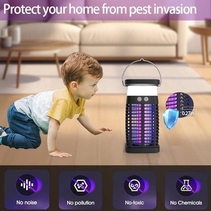 Solar Bug Zapper Outdoor Waterproof:Mosquito Repellent Outdoor Patio, Fly Trap Indoor, 4000mAh Mosquito Killer with LED Colorful Light and Cleaning Brush for Home Kitchen Garden Camping Essentials
