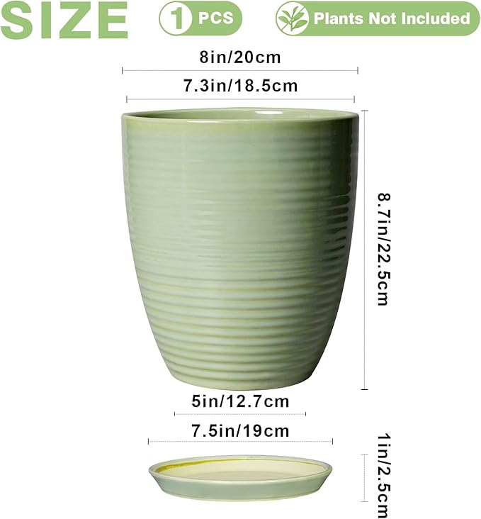 Ceramic Pots for Plants - Modern Round 8 Inch Planter with Drainage Hole and Plant Saucer for Flower Indoor Outdoor, Home Decor, House Warming Gifts, Green