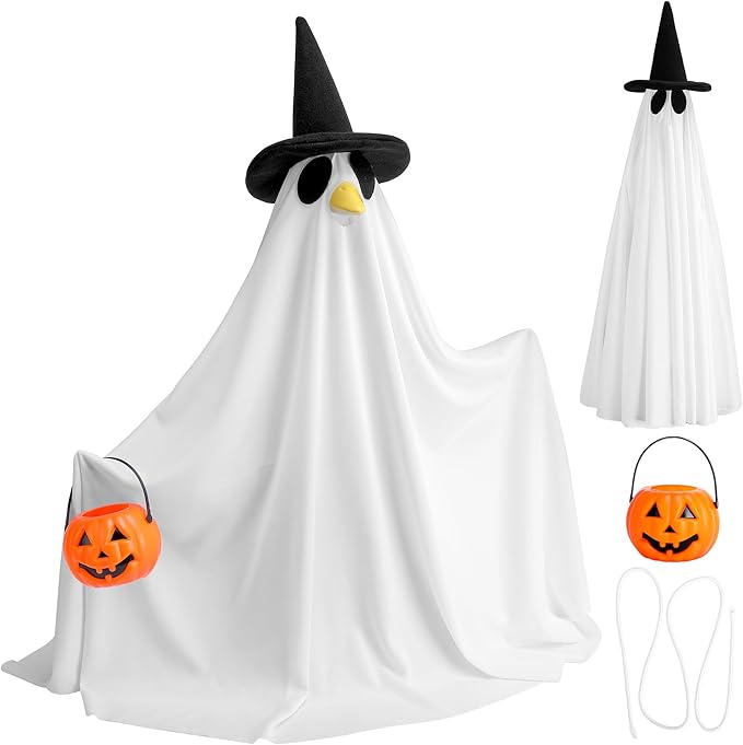 Watayo 2 Pcs/Set Halloween Ghost Porch Goose Outfits, Lawn Goose Statue Ghost Costume, Garden Goose Ghosts Clothes with Pumpkin Bucket for 23" Statue Halloween Fall Outdoor Patio Yard Decoration