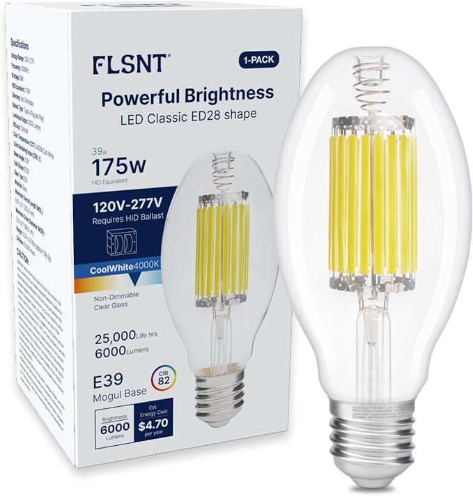 FLSNT ED28 LED Bulb 39W 6000LM, 175W HID Equivalent, 4000K Cool White, E39 Mogul Base, Ballast Compatible Type A, HID-Ready LED, 120-277V via Ballast, Clear Cover, ETL Listed, Non-Dimmable