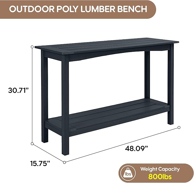Weatherproof HIPS Outdoor Console Table, 48'' 2-Shelf SideTable Indoor/Outdoor Use, Multifunctional Buffet Table Bar Storage Organizer for Entryway,Yard, Patio, Outside Plant Stand Table, Black