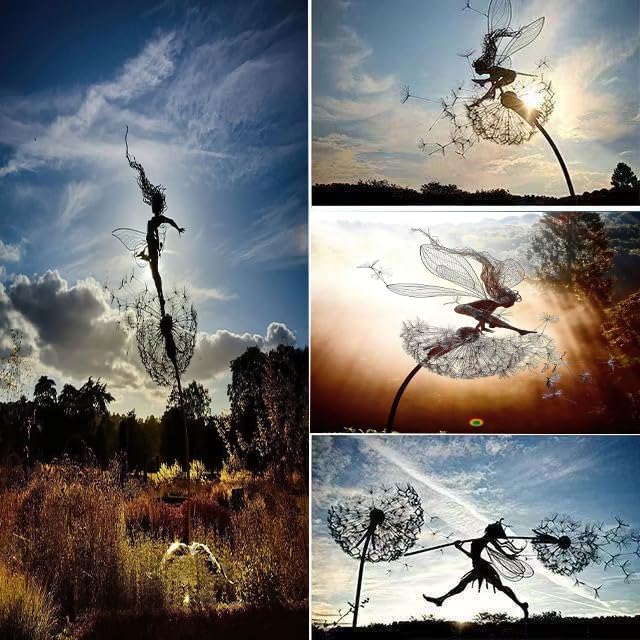 Flower Fairy Dancing with Dandelion, Art Sculpture Fairies for Fairy Garden, Angel Metal Ornaments Gardens Art Sculpture, Outdoor Decorations for The Courtyard, Lawn and Terrace (A)