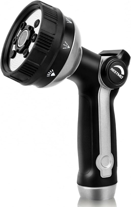 RESTMO Full Shower Hose Nozzle, Metal Spray Nozzle for Garden Hose, 8 Spray Patterns, Water Hose nozzle with Thumb Control, Ideal for Outdoor Lawn & Plant Watering, Car & Pet Washing, Silver