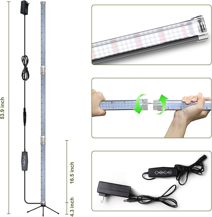 Super-Bright 48" T10 Plant Lamp, 6000k Full Spectrum Standing Grow Light, 3 Modes & 5 Dimming Levels, Timer 4/8/12H,12V/3A High Power Output for Large & Tall Indoor Plants