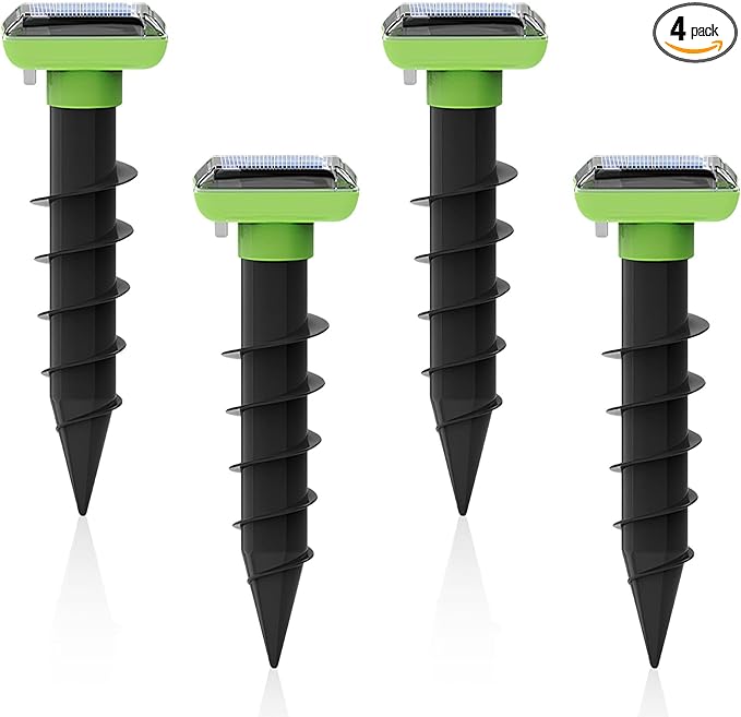 Solar Garden Device – 4 Pack, IP66 Waterproof, Solar Rechargeable, Covers up to 75 sq. ft., Quick 2-Hour Charge, 8–10 Hours Operation, Weather-Resistant Lawn & Garden Spikes – EPA No. 94623