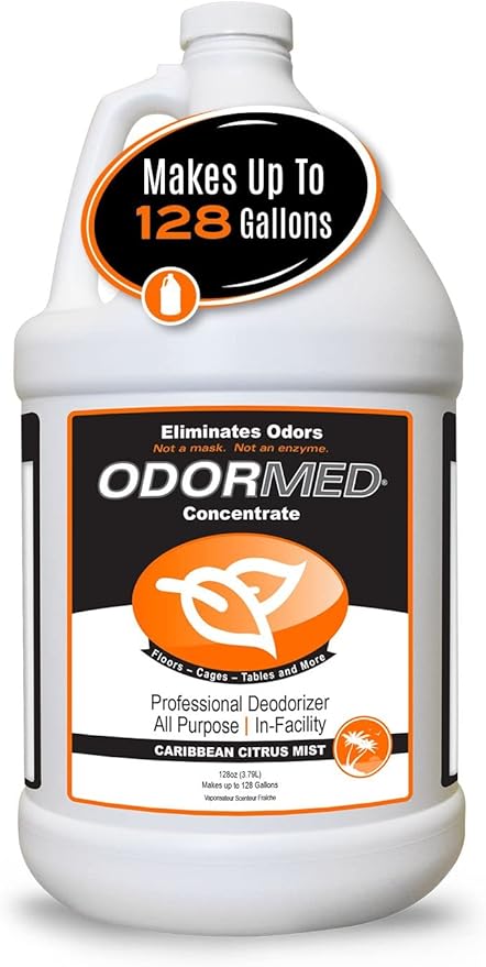 ODORMED Odor Eliminator Concentrate – Pet Odor Eliminator for Strong Odor on Floors, Walls, Cages & More – All-Purpose Carpet Deodorizer w/Safe, Non-Enzymatic Formula (1 Gal, Caribbean Citrus Mist)