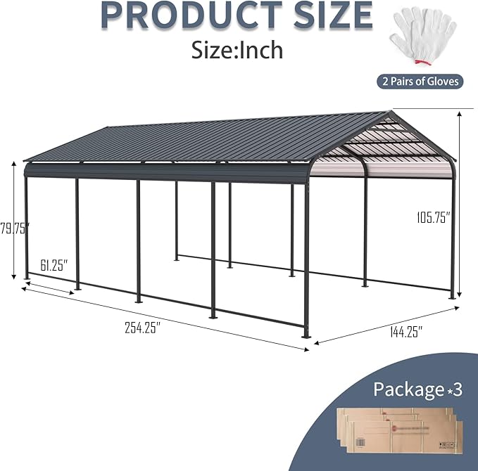 12x21 FT Metal Carport, Heavy Duty Car Port Canopy with Galvanized Steel Roof & Frame, Large Metal Carport Kit, Outdoor Car Garage, Steel Car Shelter for Car, Boat, Truck, Charcoal