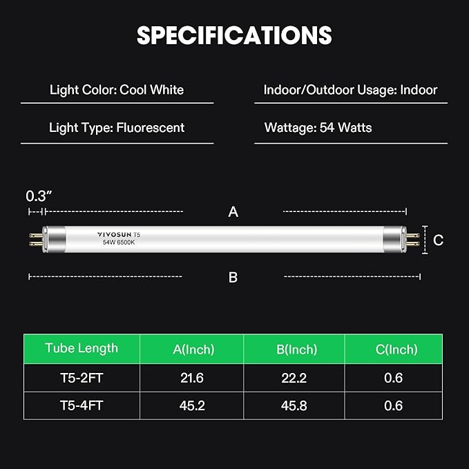 VIVOSUN T5 Grow Light Bulbs 4 Ft 46 Inches, 54W 6500K HO Fluorescent Tubes Light Bulbs, Cool White T5 Bulb for 46 Inches T5 Light Fixtures, T5 Grow Lights for Indoor Plants, 4 Ft 54W Pack of 5