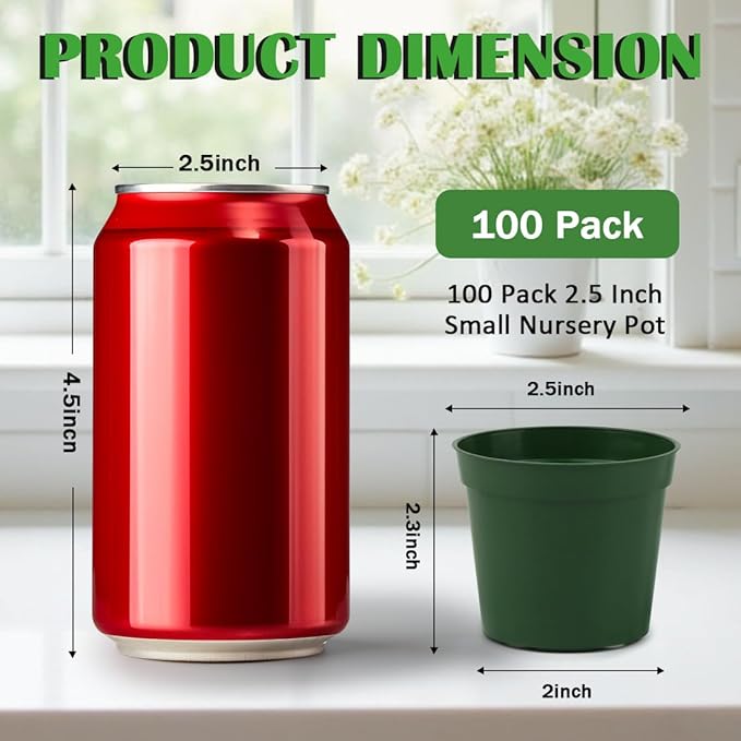 100 Pack 2.5 Inch Small Plant Pots, Plastic Nursery Pots for Plants, Seedling Pots for Planting Seeds, Succulents, Vegetables, Green