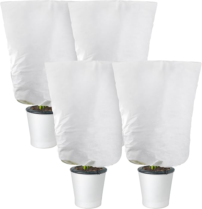 Alpurple 4 Packs Winter Drawstring Plant Covers-23.6 x 31.5 Inch Warm Plant Protection Cover Bags, Frost Cloth Blanket Protecting Fruit Tree Potted Plants from Freezing Animals Eating