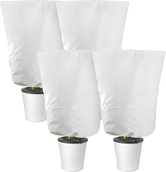 Alpurple 4 Packs Winter Drawstring Plant Covers-23.6 x 31.5 Inch Warm Plant Protection Cover Bags, Frost Cloth Blanket Protecting Fruit Tree Potted Plants from Freezing Animals Eating