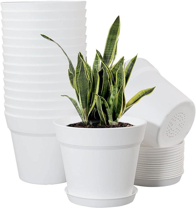 WOUSIWER 16 Pack 6 inch Plastic Planters for Indoor Flower Pots, Heavy Duty and Stylish 6 Inch Plant Pots for Indoor Plants with Drainage Holes and Tray for Plants, Flowers, White