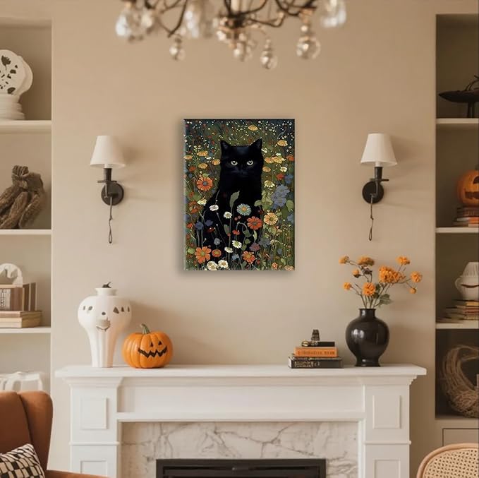 Gothic Black Cat Wall Art - Framed Canvas Print of Mystic Garden, Dark Academia Decor, Witchy Bathroom & Bedroom Art, Memorial Gift for Cat Lovers, 11.5x15 Inch