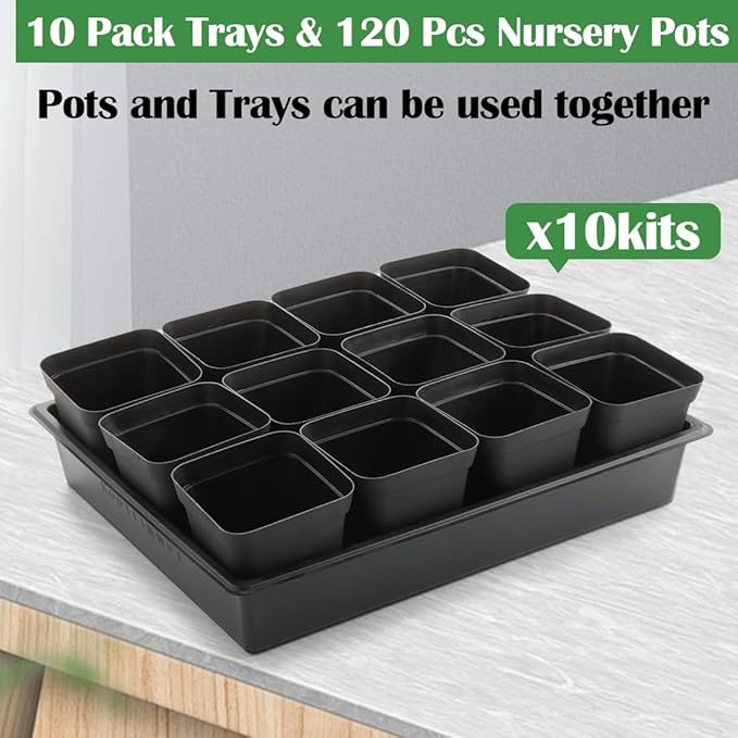 4 inch (10CM) Square Nursery Pots 120pcs, Sturdy Seedlings Trays 10 Pcs, Seeds Starter Germination Tray, Microgreening Planter Nursery Propagation 10 Sets