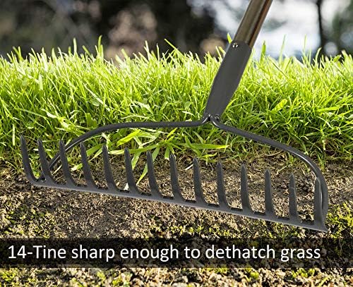 Garden Rake, 5 FT Metal Rake for Lawns Level Head Rakes with Stainless Steel Handle for Loosening Soil