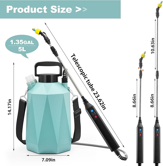 Battery Powered Sprayer 1.35Gallon/5L, 2025 Upgraded Electric Sprayer in Lawn and Garden with 3 Adjustable Force, Battery Indicator, Rechargeable Handle, Telescopic Wand,3 Mist Nozzles,Shoulder Strap