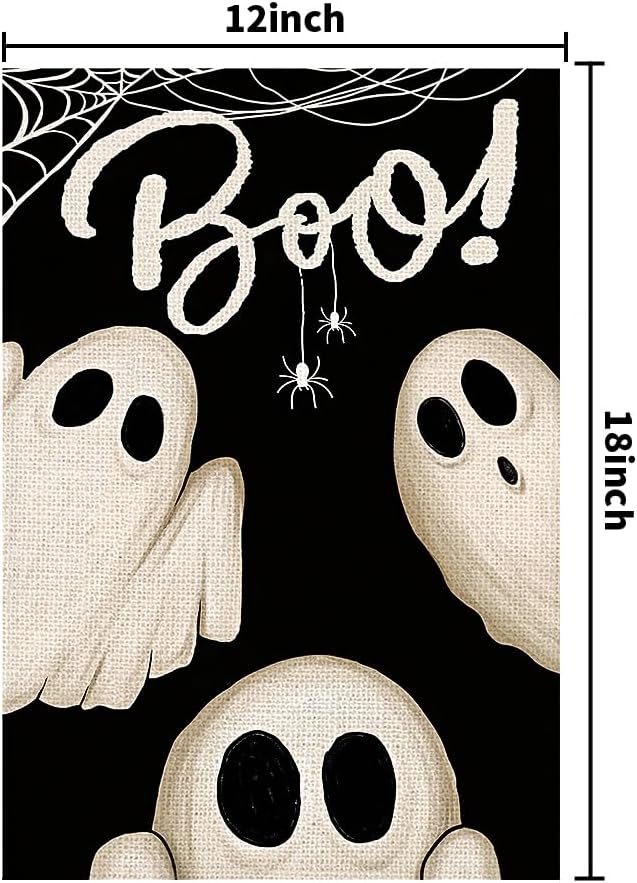 Spooky Ghost Boo Garden Flags for Outside 12x18 Inch Double Sided Burlap, Welcome Sign Halloween Small Flag Banner Farmhouse Holiday Yard Lawn Outdoor Decorations DF878