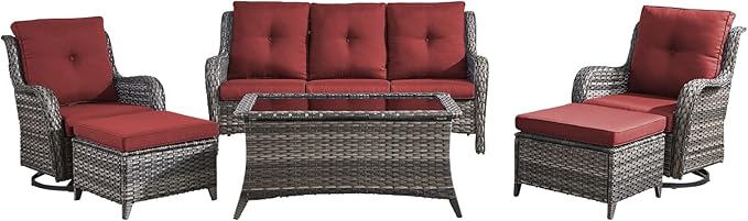 Wicker Outdoor Conversation Set-6 Pieces Outdoor Wicker High Back Couch with Swivel Rocker Chairs Patio Furniture for Deck Poolside Backyard-Grey/Red