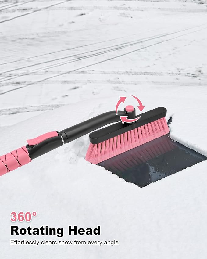 SEAAES 33 Inch Snow Brush and Ice Scraper for Car Windshield, Extendable Snow Scraper and Brush with Foam Grip for Truck SUV Vehicle Window - Pink