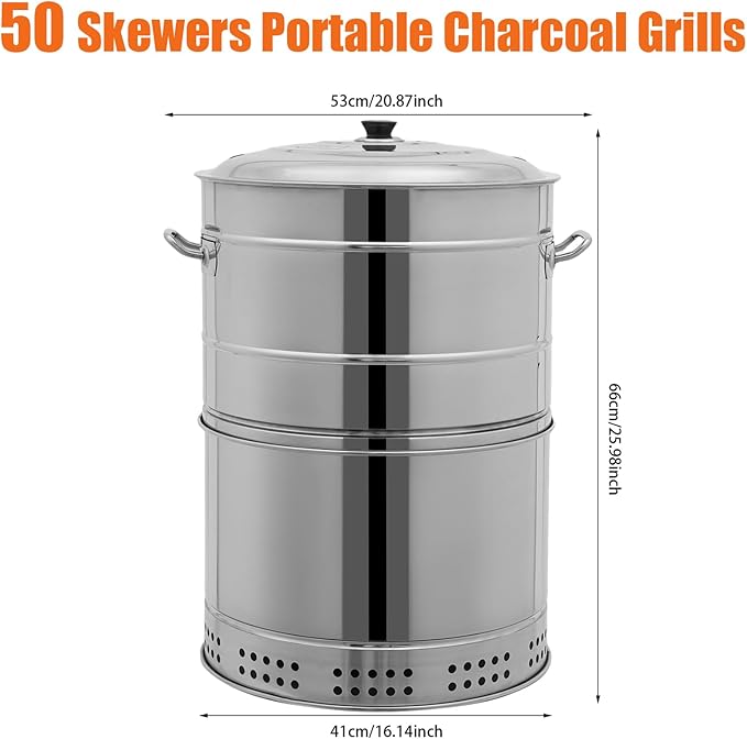Large Portable Charcoal Grills, Stainless Charcoal BBQ Grill Barrel 360° Smokeless Outdoor with 50 Skewers, Boiling Pot Barbecue Smoker Grill for Travel, Outdoor Cooking and BBQ