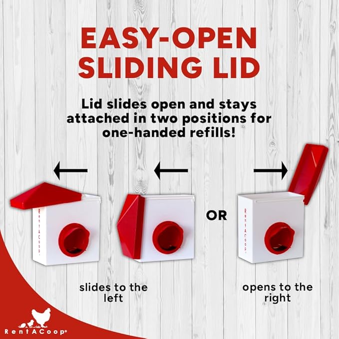 RentACoop Chick2Chicken 2.5lb BPA-Free Single-Port Feeder - Includes Anti-Roost Lid, Slider Port Cover, and Wire Bracket - Suitable for Quail, Pigeons, Doves, Chicks, and Adult Chickens