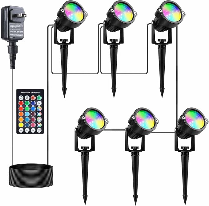 Yard Spot Lights Outdoor, 12V Colored Landscape Lights with Remote, Waterproof RGB LED Spotlights for Yard Lawn Path Tree Garden (6 in 1)