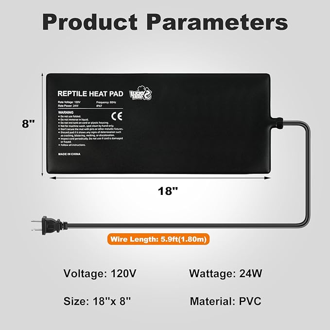 LUCKY HERP Reptile Heat Pad 8x18 Inch 24W Under Tank Terrarium Heating Mat, Reptile Heat Mat, Reptile Heating Pad for Turtle, Lizard, Hermit Crab, Frog, Snake