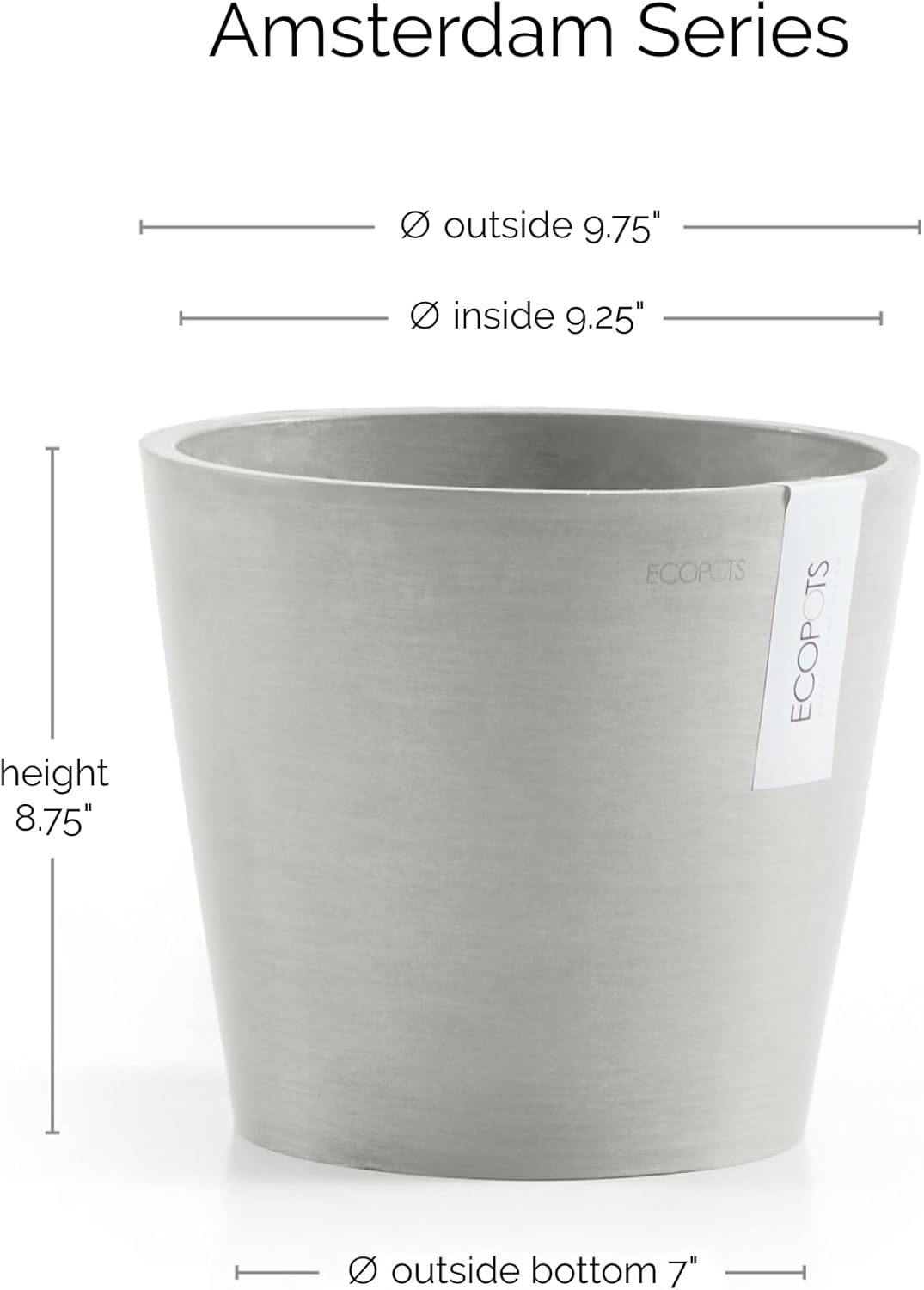 Ecopots Amsterdam Durable Modern Round Indoor/Outdoor Recycled-Based Composite Flower Pot Planter, White Grey, 10"