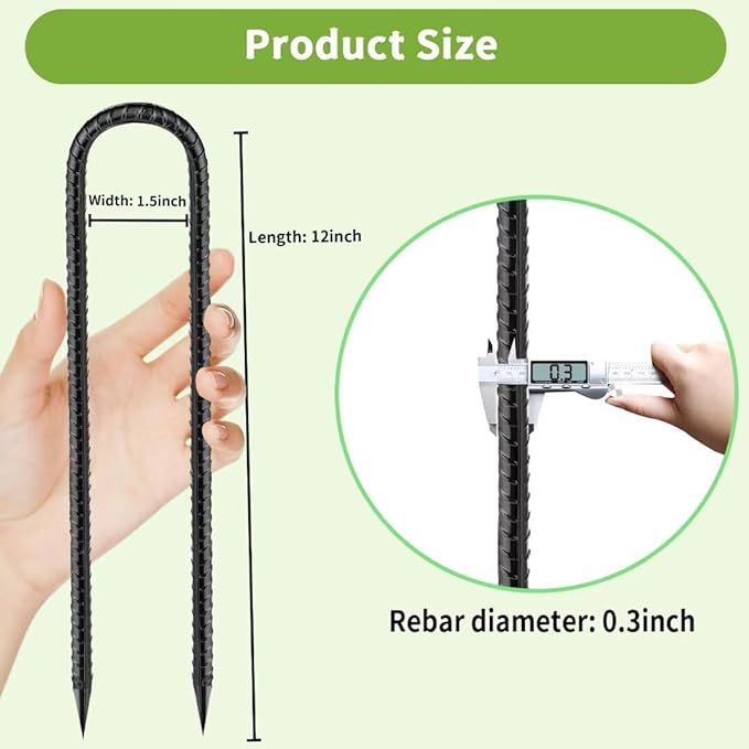 Ground-Stakes-Heavy-Duty-12 inch, U-Hook Rebar Stakes Black Coated Anti-Rust 6pcs Garden Stakes Metal Ground Anchors for Garden Dog Fence Chicken Coop Christmas Decorations Deer Fence