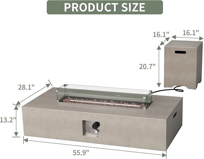 COSIEST 2-Piece Outdoor Propane Fire Table Set, Rectangle Concrete 56" x 28" Gray Fire Pit (CSA Certified, 50,000 BTU) w 20lb Tank Table, Wind Guard, Waterproof Cover for Garden, Porch, Backyard